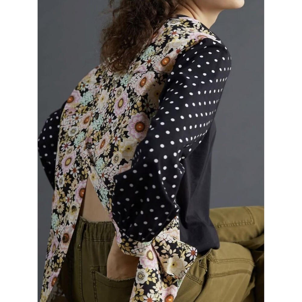 Anthropologie Maeve Black Polka Dot & Floral Open-Back Blouse